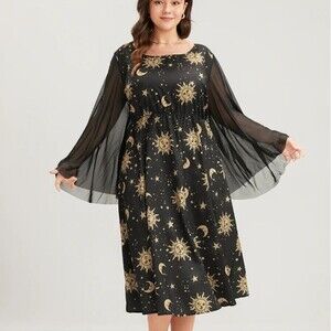 BloomChic Halloween Moon And Star Bell Sleeve Crew Neck Midi Dress Sz 18-20